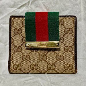 GUCCI GG Canvas Red Green Stripe Monogram Web Mini Flap French Wallet